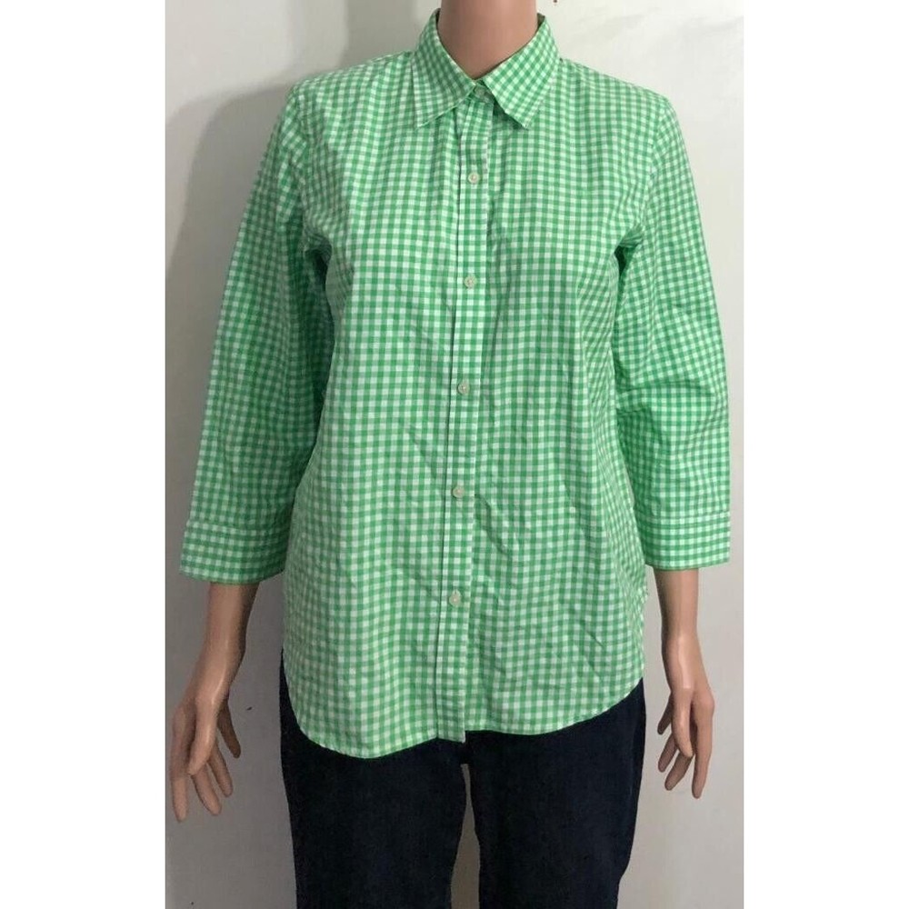 Lauren Ralph Lauren Womens Button Up 3/4 Sleeve Green White Check Shirt Sz M